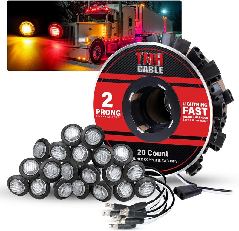 TMH 20 Pcs 3/4 Inch Side Marker Clear Lens 10 Amber + 10 Red Lights with Connector Plug and 2 Prong Continuous Wire Harness, Plug and Play Hassle-Free Installation for Truck Trailer RV Pickup - Image 1